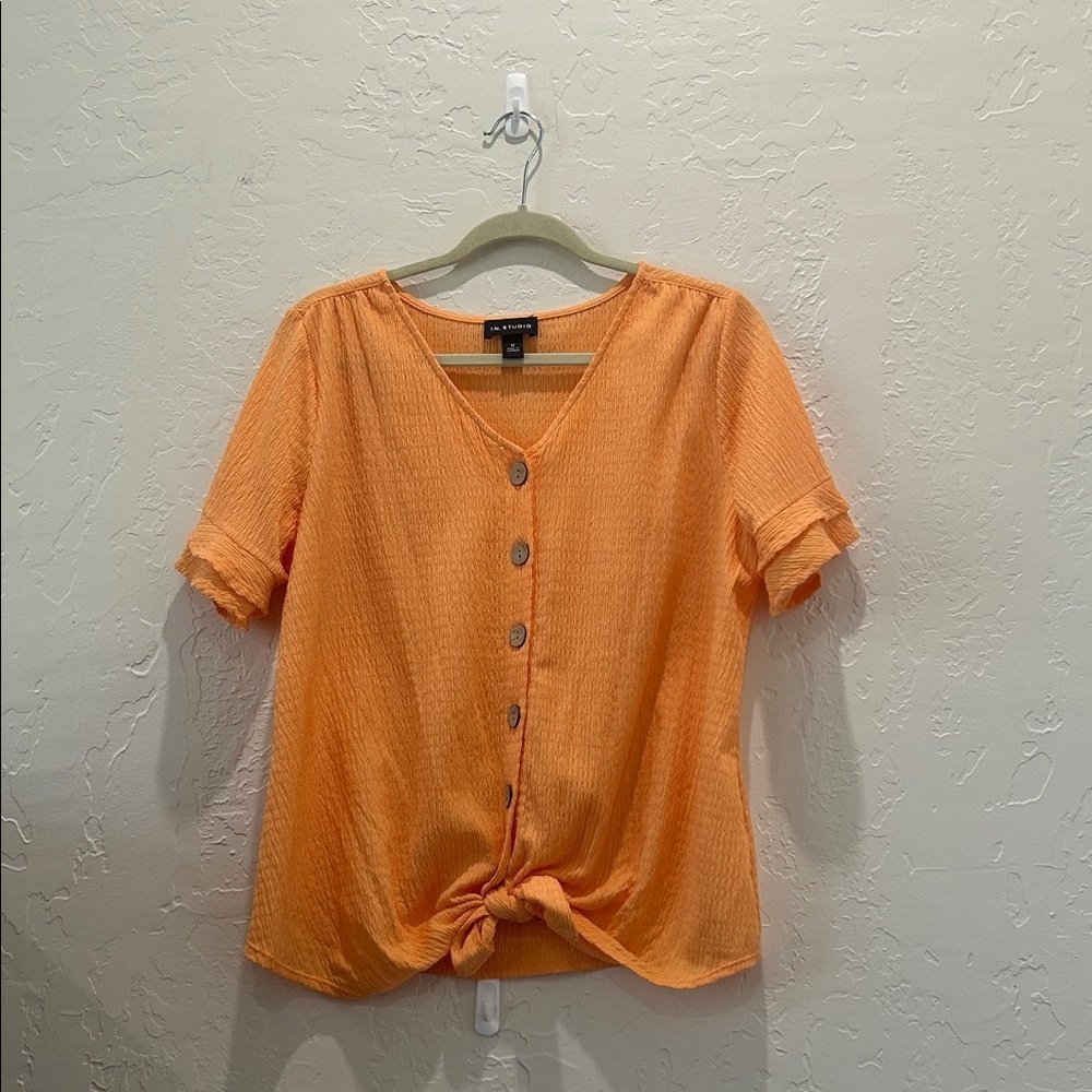 I.N. Studio Orange Button-Front Tie Hem Blouse